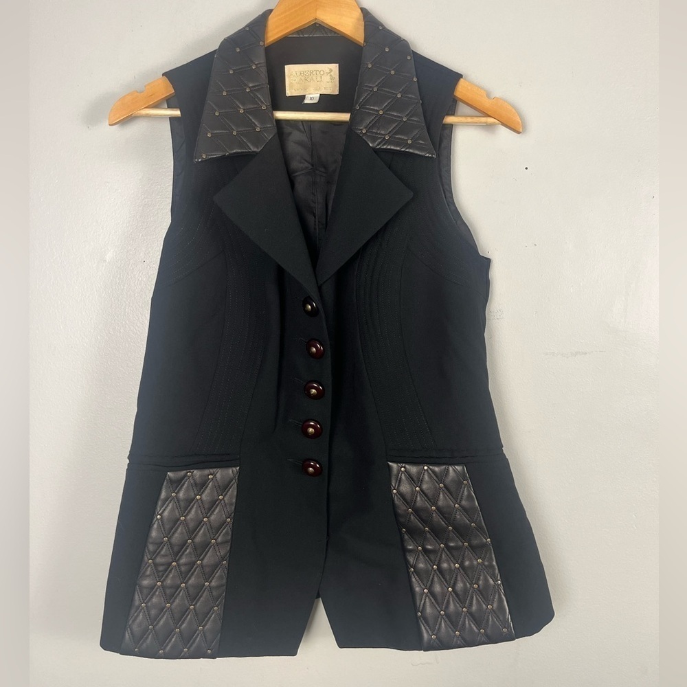 Vintage Alberto Makali Black Wool & Leather Button Up quilted vest size 10